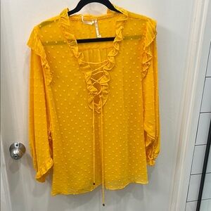 Anthropologie Golden Yellow Long Sleeve Peasant Ruffled Blouse with Tie Front